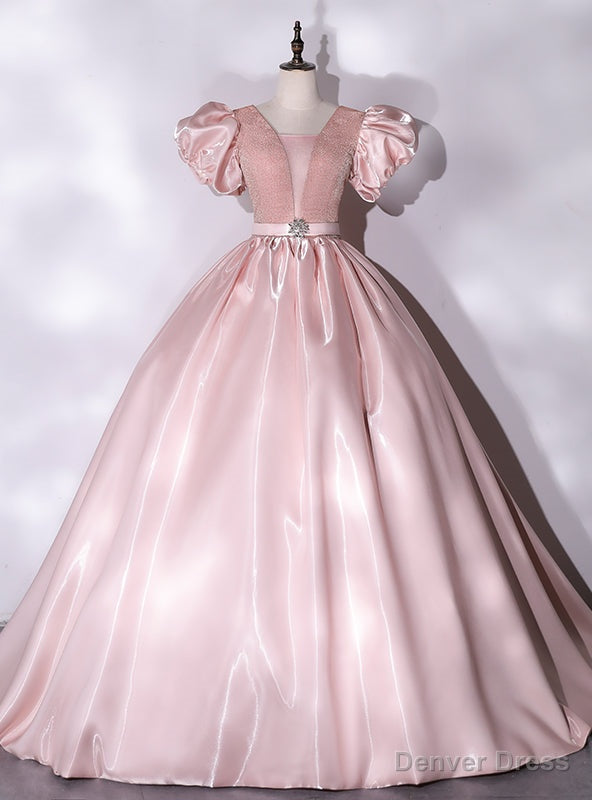 Pink Satin Puff Sleeve Quinceanera Dresses Main image