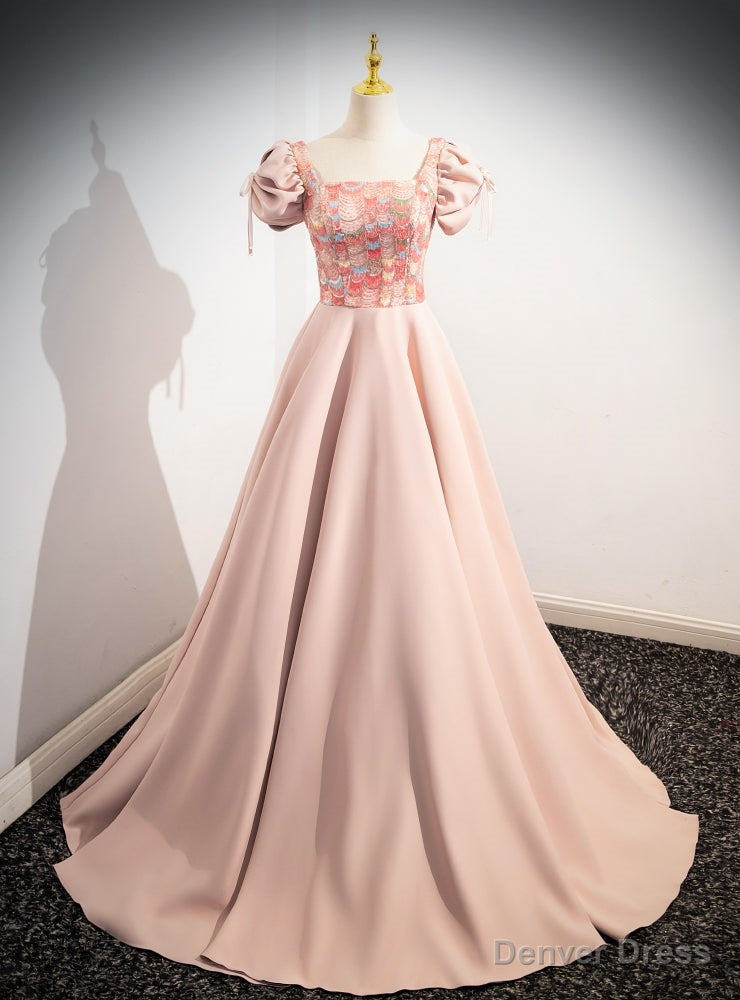 Pink Satin Sequins Puff Sleeve Prom Dresses