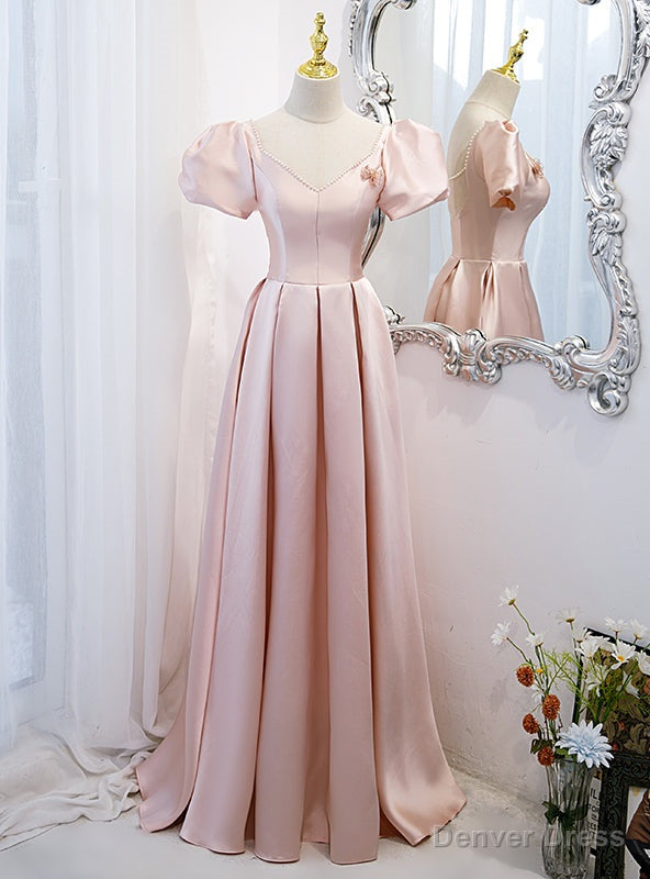 Pink Satin Short Sleeve Pearls V Neck Prom Dresses