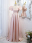 Pink Satin Short Sleeve Pearls V Neck Prom Dresses