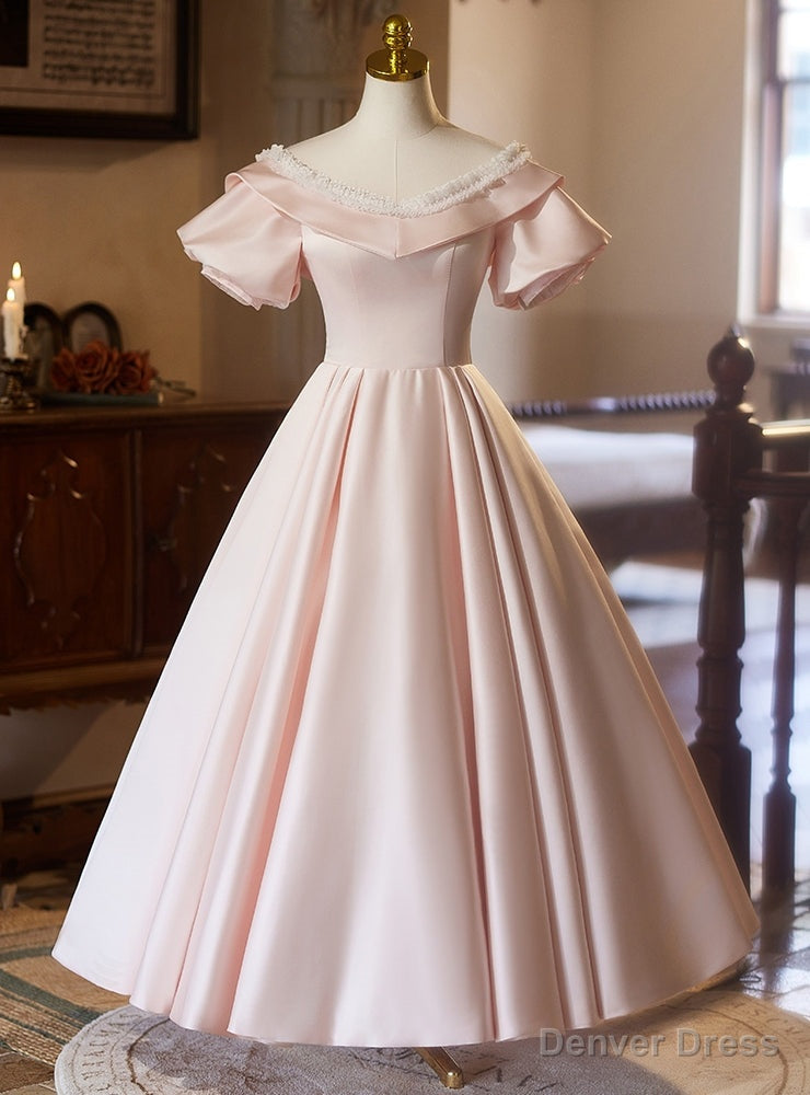 Pink Satin Short Sleeve V Neck Prom Dresses