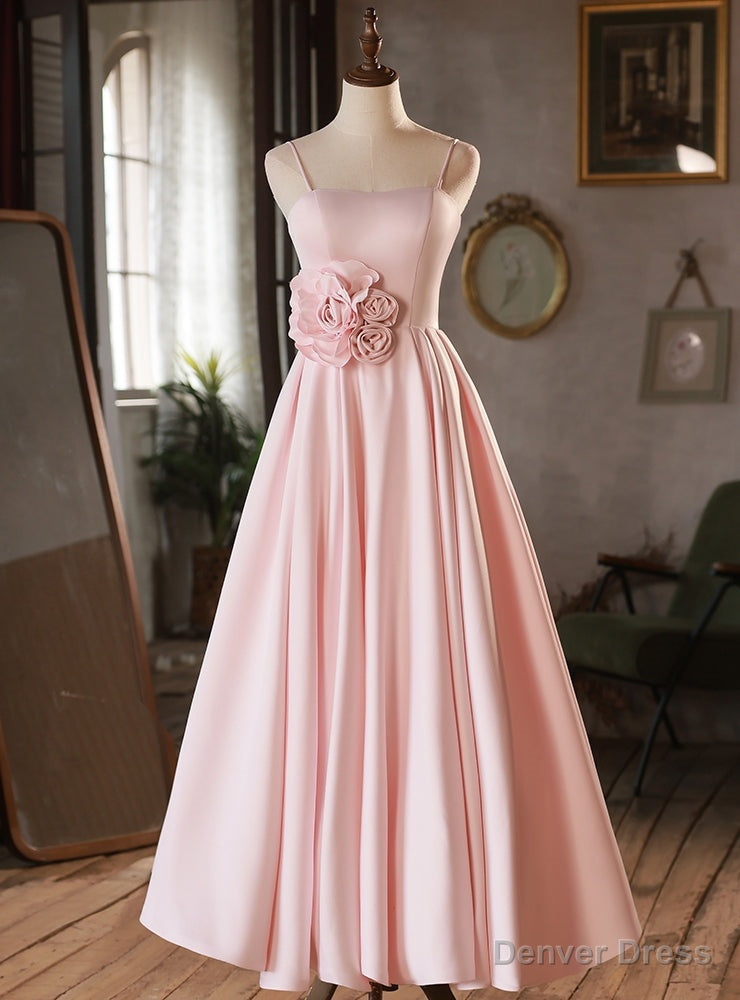 Pink Satin Spaghetti Straps Flower Prom Dress Main image