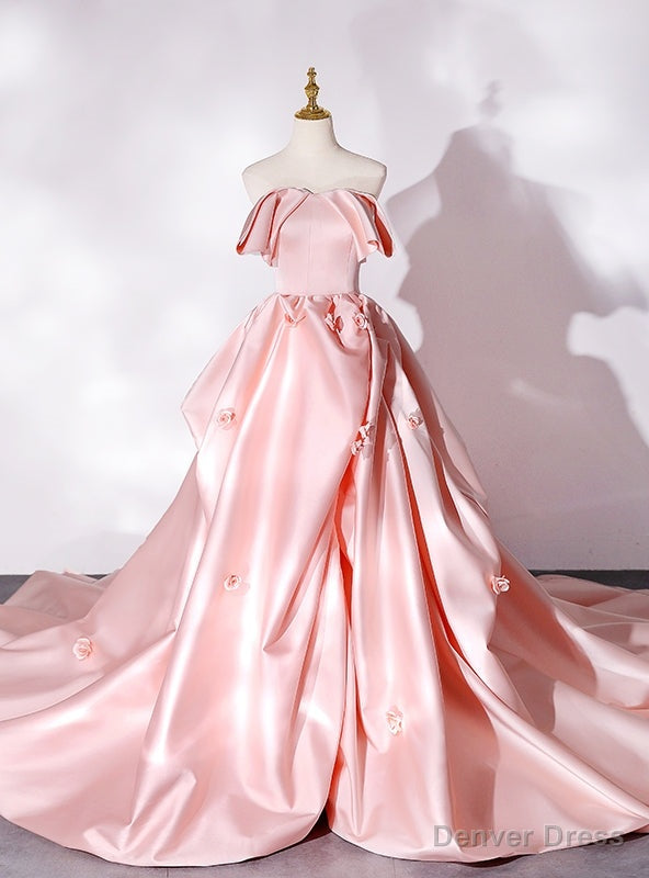 Pink Satin Strapless 3D Flower Quinceanera Dresses
