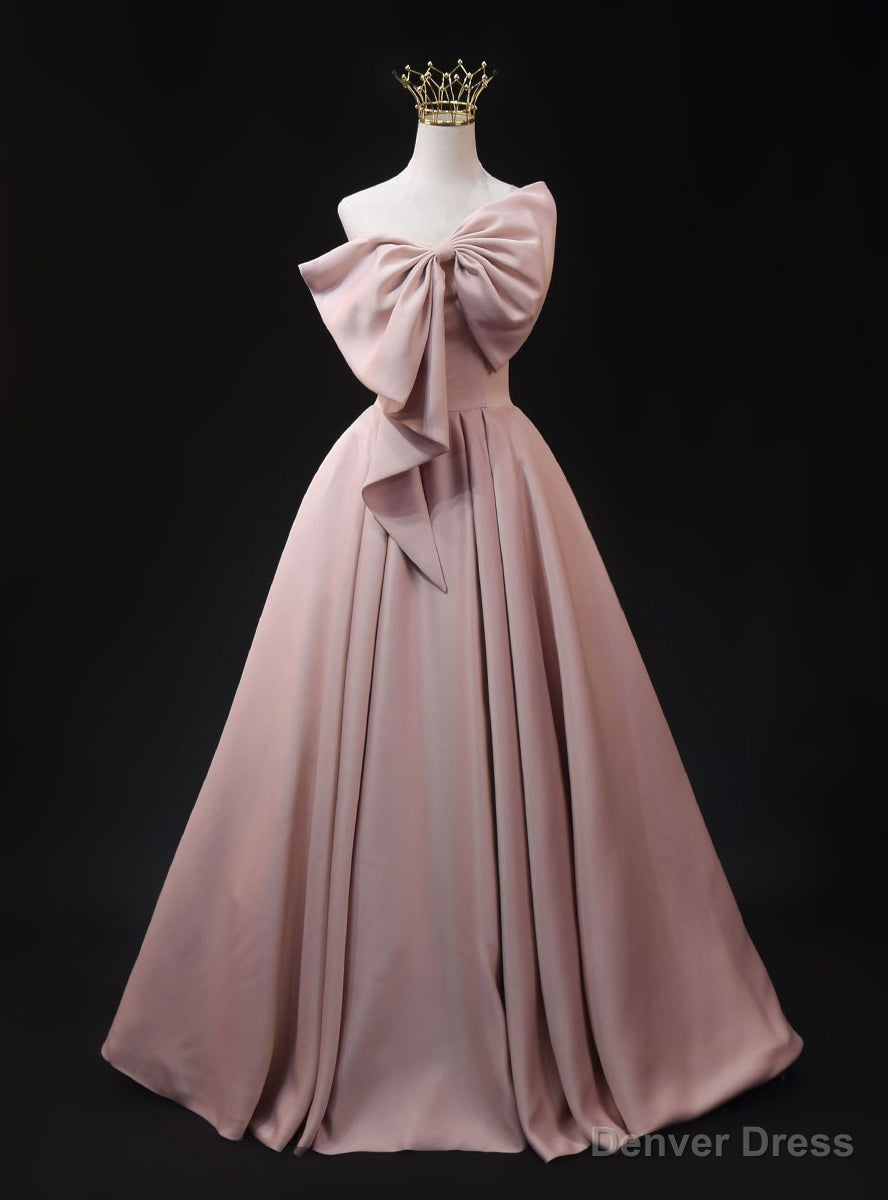 Pink Satin Strapless Bow Prom Dresses