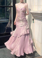 Pink Satin Straps Long Prom Dress, Pink Satin Chic Prom Dress
