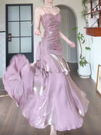 Pink Satin Straps Long Prom Dress, Pink Satin Chic Prom Dress