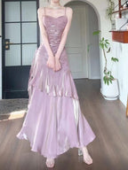 Pink Satin Straps Long Prom Dress, Pink Satin Chic Prom Dress