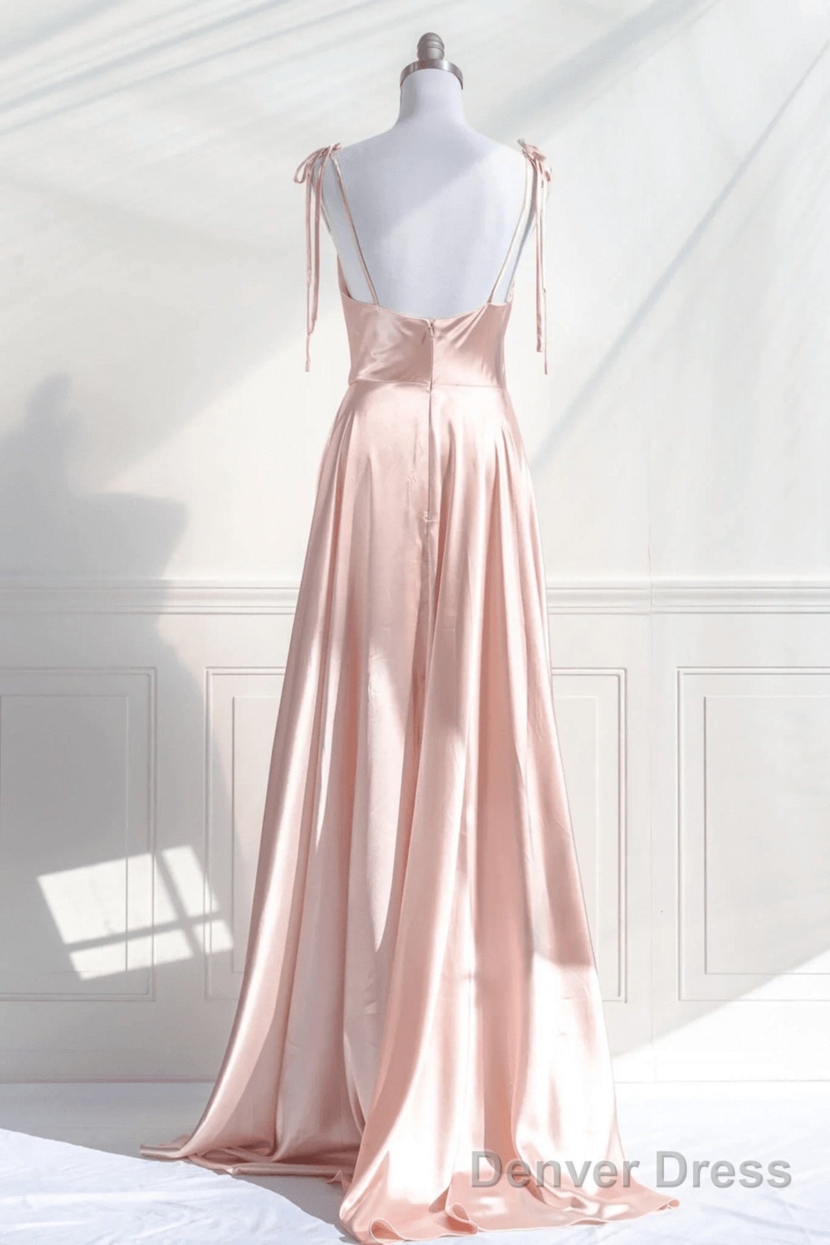 Pink Satin Straps Low Back Long Evening Dress, Pink Satin Prom Dress Secondary image