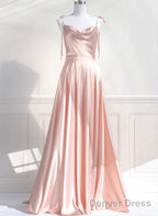 Pink Satin Straps Low Back Long Prom Dress, Pink Satin Prom Dresses