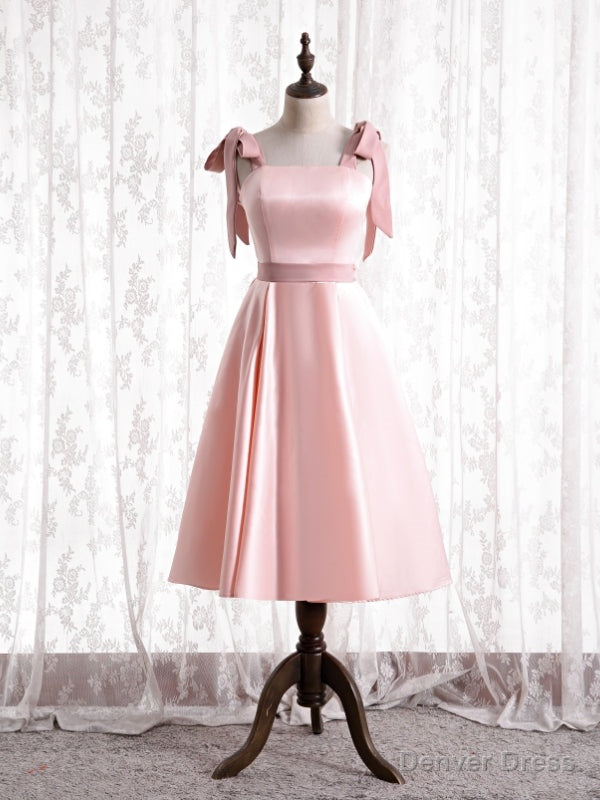 Pink Satin Straps Tea Length Prom Dresses