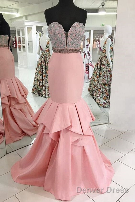 Pink Satin Sweetheart Neck Long Mermaid Prom Dresses With Lace Applique