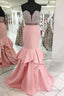 Pink Satin Sweetheart Neck Long Mermaid Prom Dresses With Lace Applique