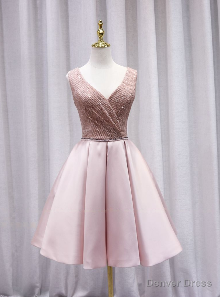 Pink Satin V Neck Pleats Homecoming Dresses