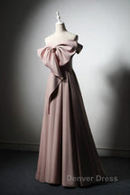 Pink Satin With Bow A-Line Long Prom Dresses, Pink Satin Formal Dresses Party Dresses