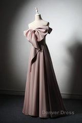 Pink Satin With Bow A-Line Long Prom Dresses, Pink Satin Formal Dresses Party Dresses