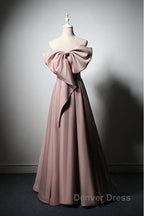 Pink Satin With Bow A-Line Long Prom Dresses, Pink Satin Formal Dresses Party Dresses