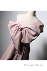 Pink Satin With Bow A-Line Long Prom Dresses, Pink Satin Formal Dresses Party Dresses