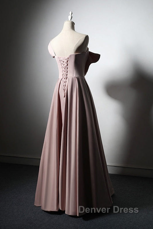 Pink Satin With Bow A Line Long Prom Dress, Pink Satin Prom Dress
