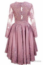 Pink Satin With Lace Applique High Low Homecoming Dress, Pink Short Prom Dress