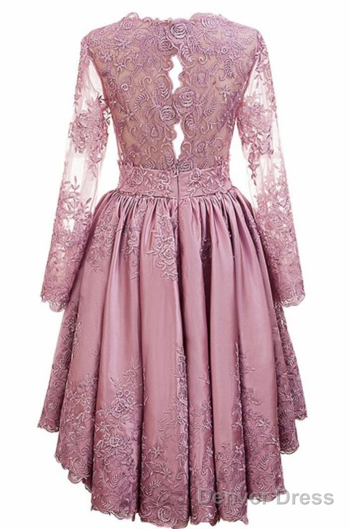 Pink Satin With Lace Applique High Low Homecoming Dress, Pink Short Prom Dress