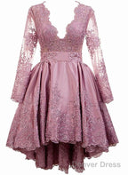 Pink Satin With Lace Applique High Low Homecoming Dress, Pink Short Prom Dress