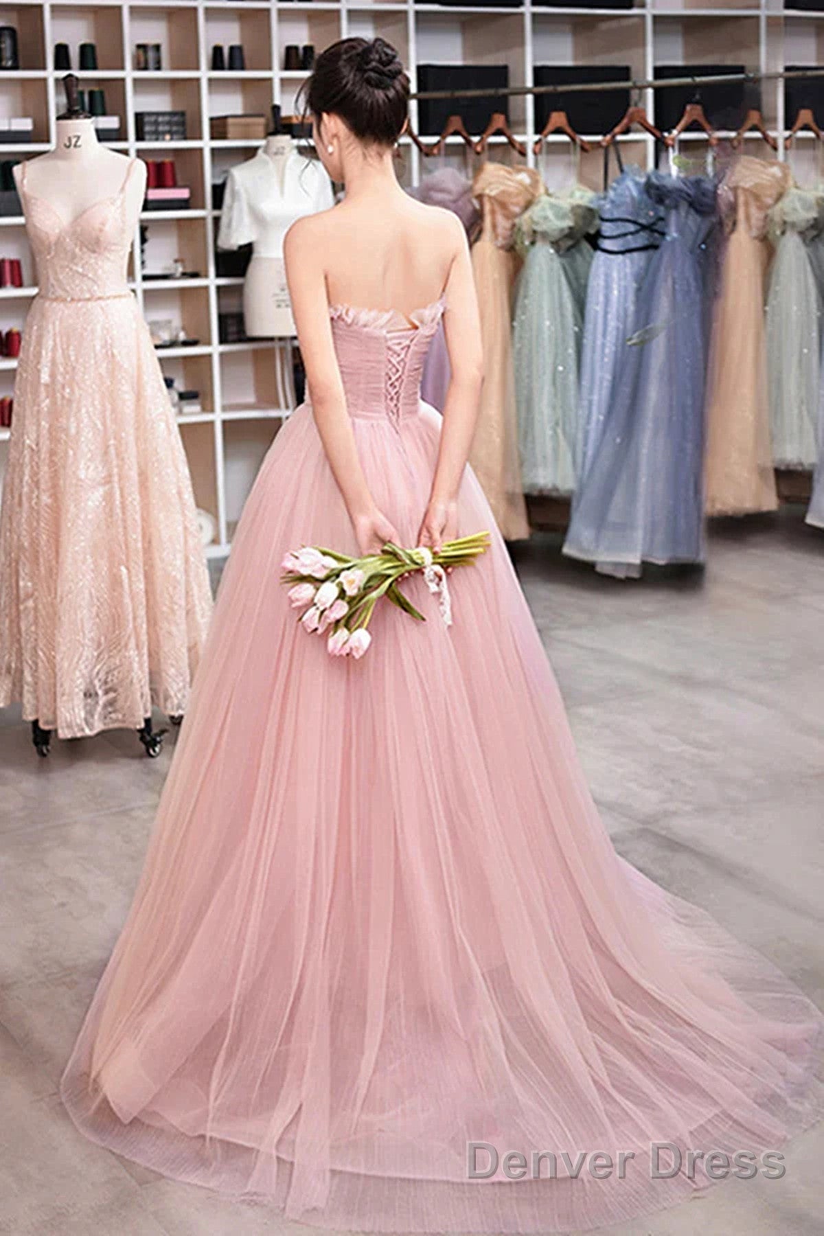 Pink Scoop Lace Up Tulle Long Prom Dress, Pink Tulle Prom Dress