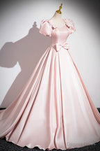 Pink Scoop Neckline Satin Floor Length Prom Dress, Pink Short Sleeve A-Line Party Dress