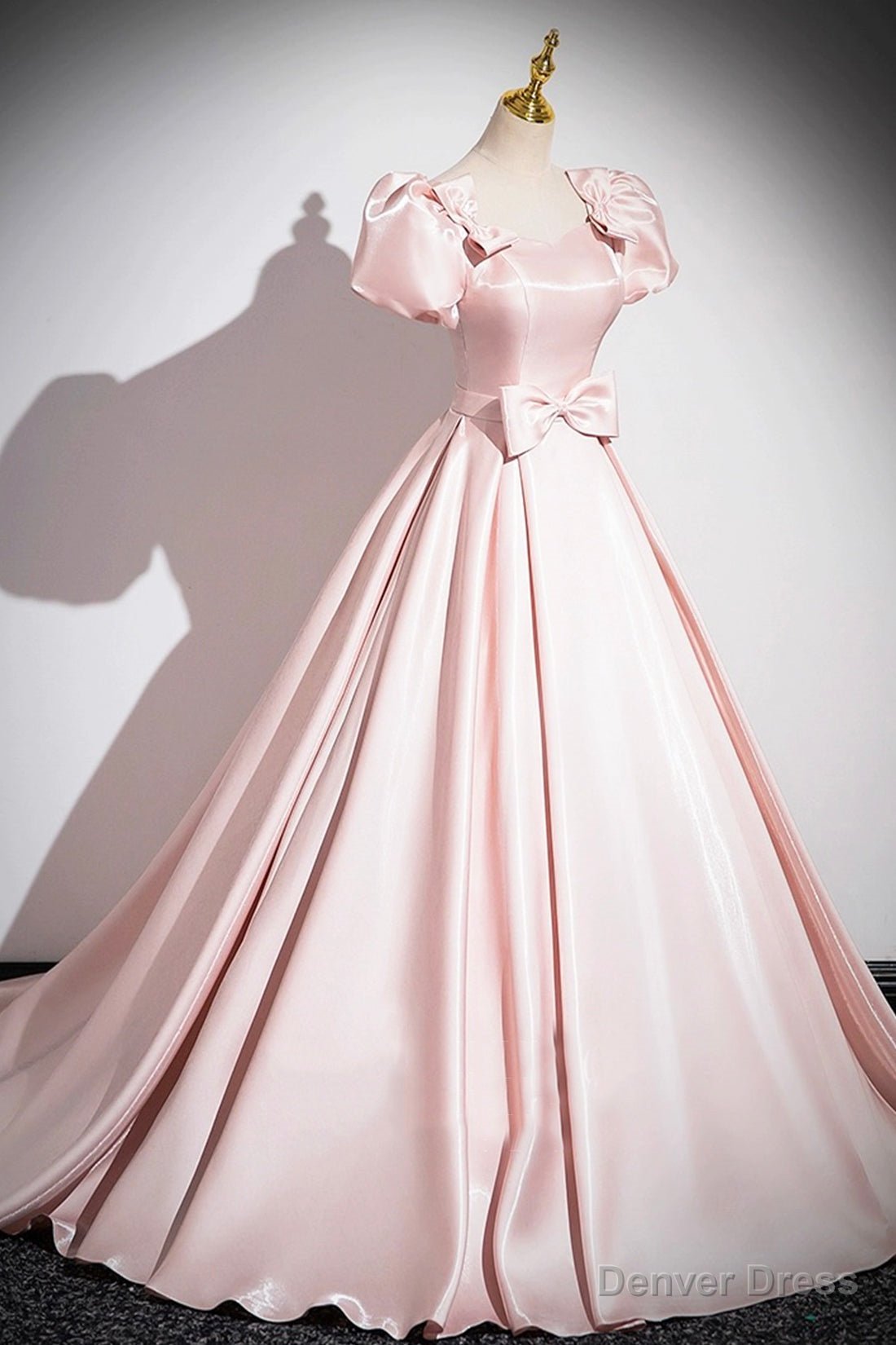 Pink Scoop Neckline Satin Floor Length Prom Dress, Pink Short Sleeve A-Line Party Dress