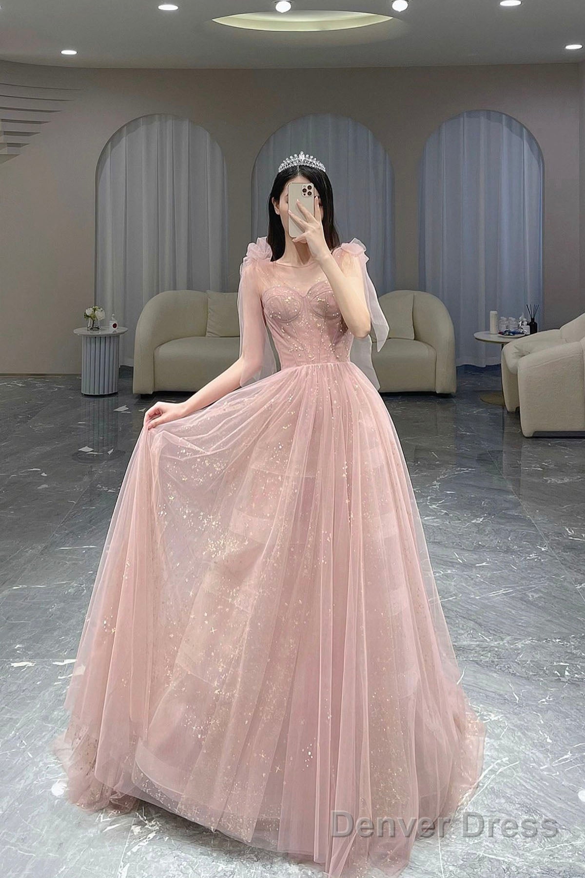Pink Scoop Tulle Long A-Line Prom Dress, Cute Pink Graduation Dresses Main image