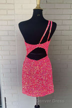 Pink Sequin One Shoulder Cutout Homecoming Dresses Gala Dresses Short