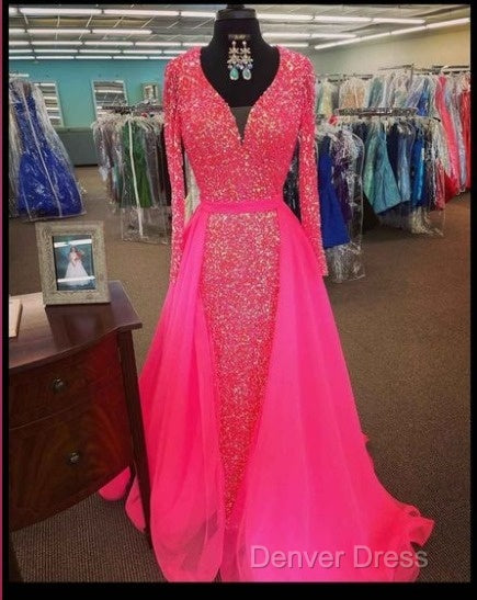 Pink Sequin Prom Dresses Long Sleeves V Neck Evening Gowns With Train Secondary image