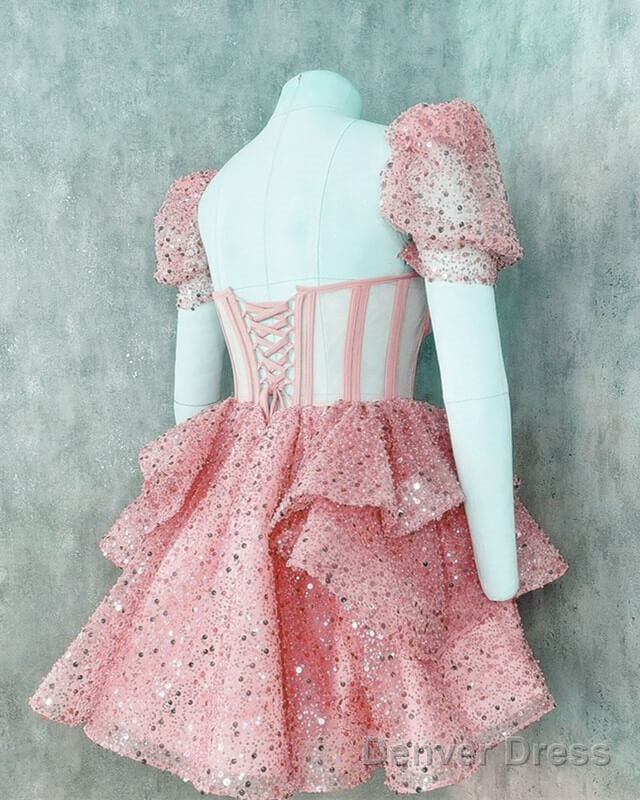 Pink Sequin Ruffles Corset Back Homecoming Dresses