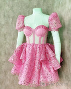 Pink Sequin Ruffles Corset Back Homecoming Dresses
