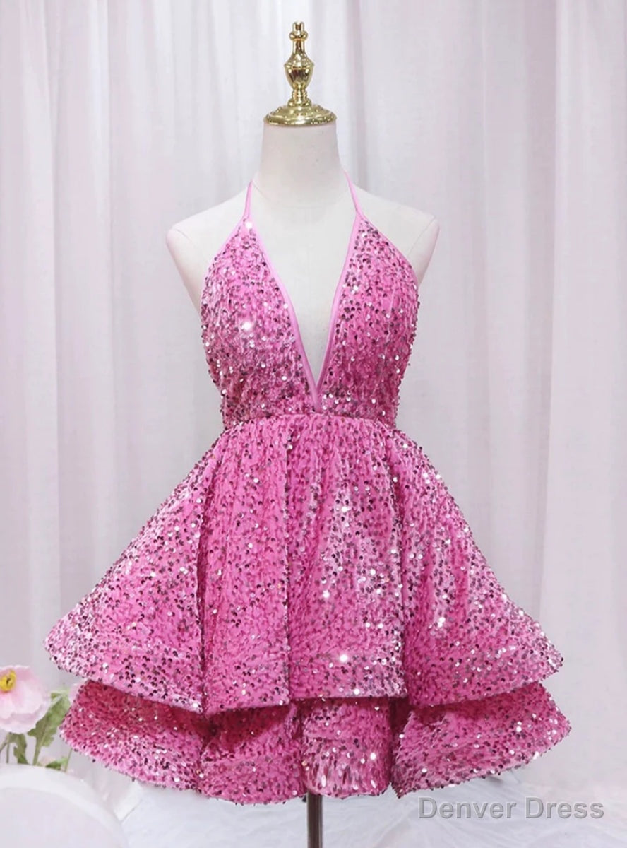 Pink Sequins Deep V Neck Backless Homecoming Dresses Main image