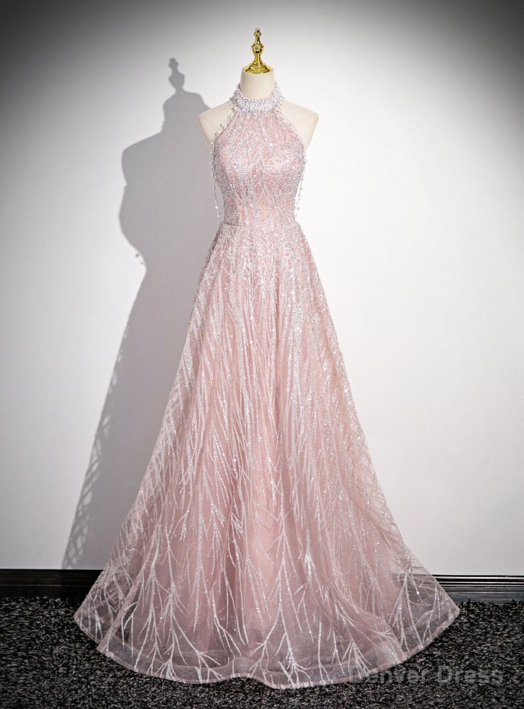 Pink Sequins Halter Backless Beading Prom Dresses