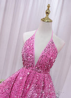Pink Sequins Halter Backless Short Homecoming Dress, Pink Short Prom Dresses