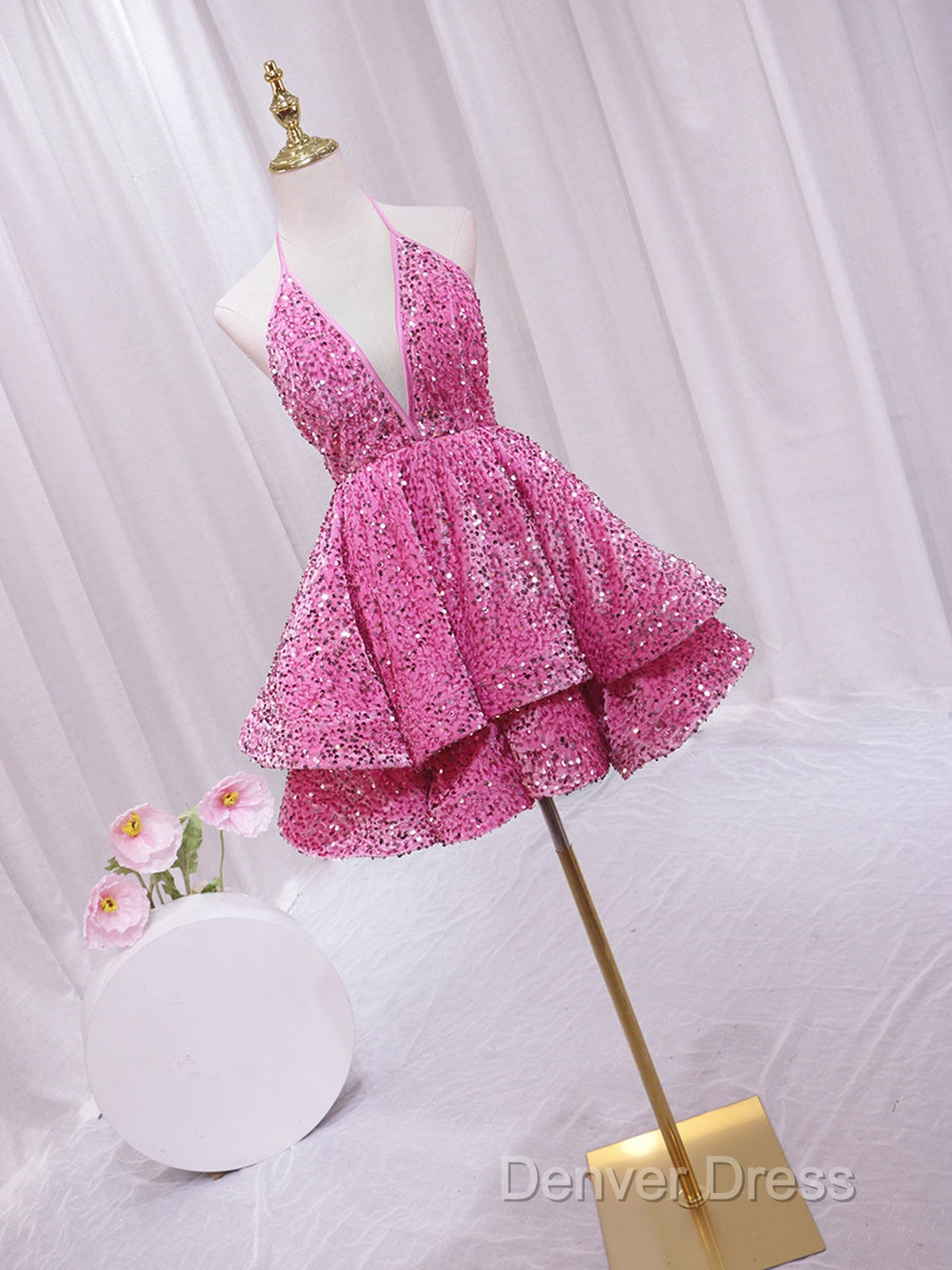 Pink Sequins Halter Backless Short Homecoming Dress, Pink Short Prom Dresses