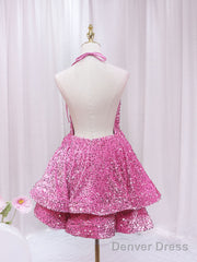 Pink Sequins Halter Backless Short Homecoming Dress, Pink Short Prom Dress