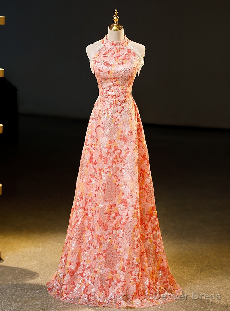 Pink Sequins High Neck Beading Prom Dresses