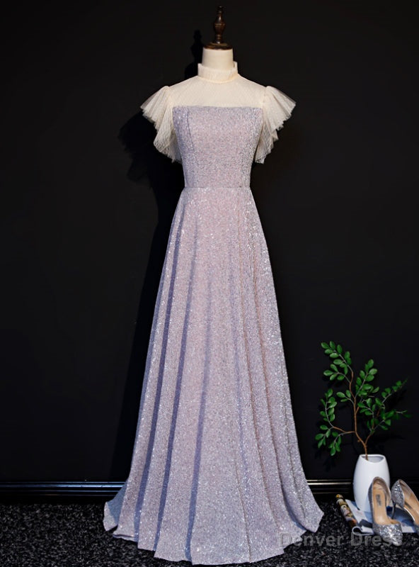 Pink Sequins High Neck Short Sleeve Prom Dresses