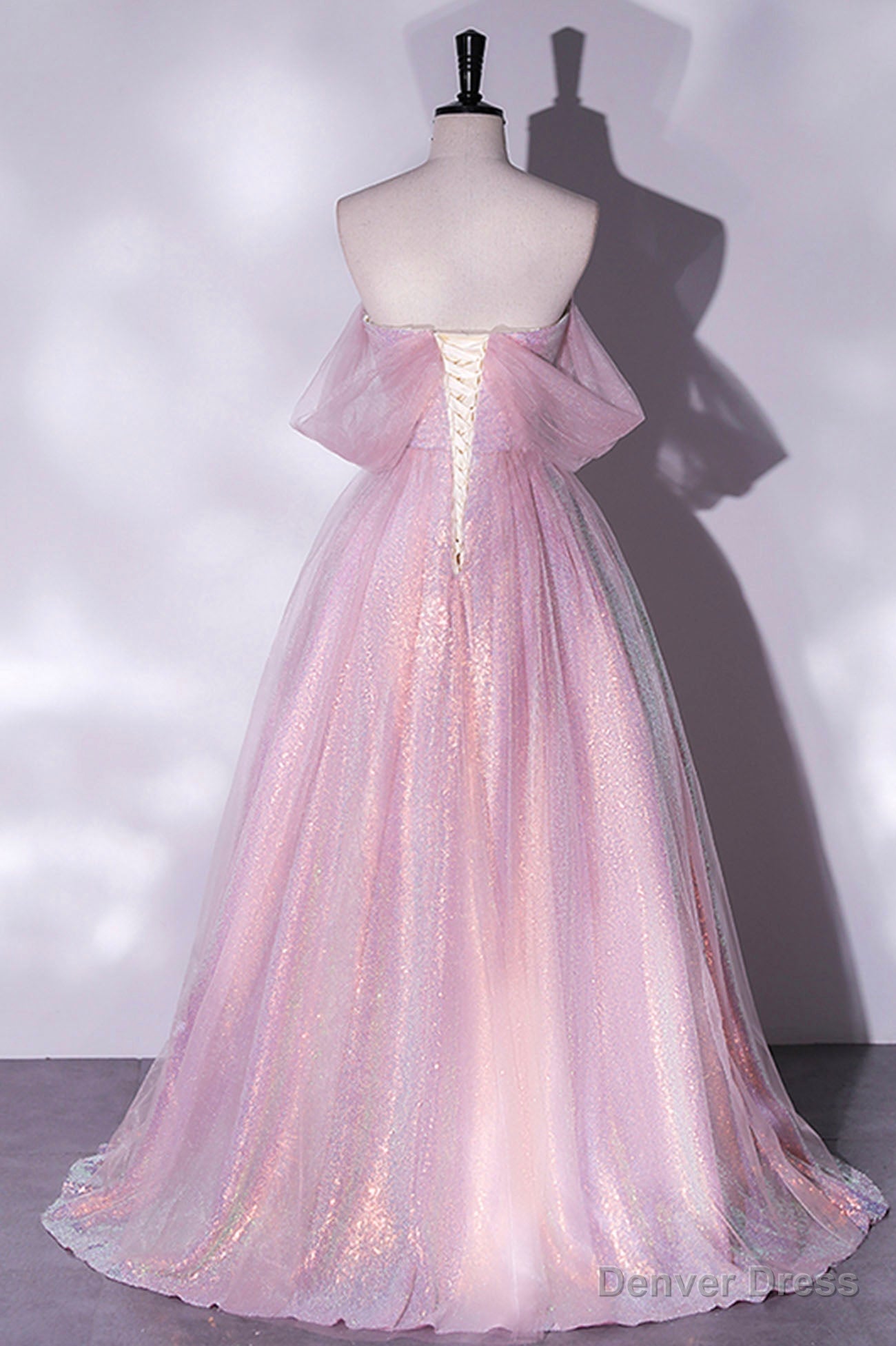 Pink Sequins Long A Line Prom Dress, Off the Shoulder Prom Dresses