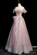 Pink Sequins Long A Line Prom Dress, Off the Shoulder Prom Dresses