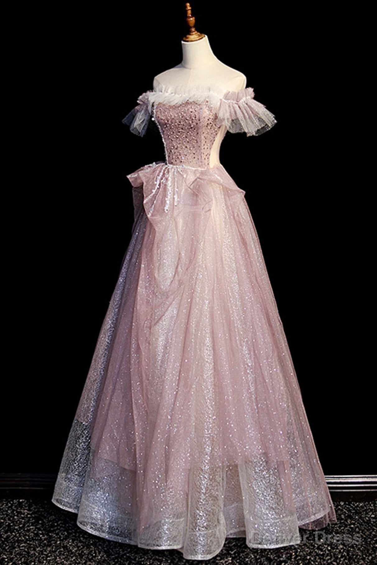 Pink Sequins Long A Line Prom Dress, Off the Shoulder Prom Dresses
