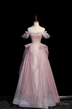 Pink Sequins Long A Line Prom Dress, Off the Shoulder Prom Dresses