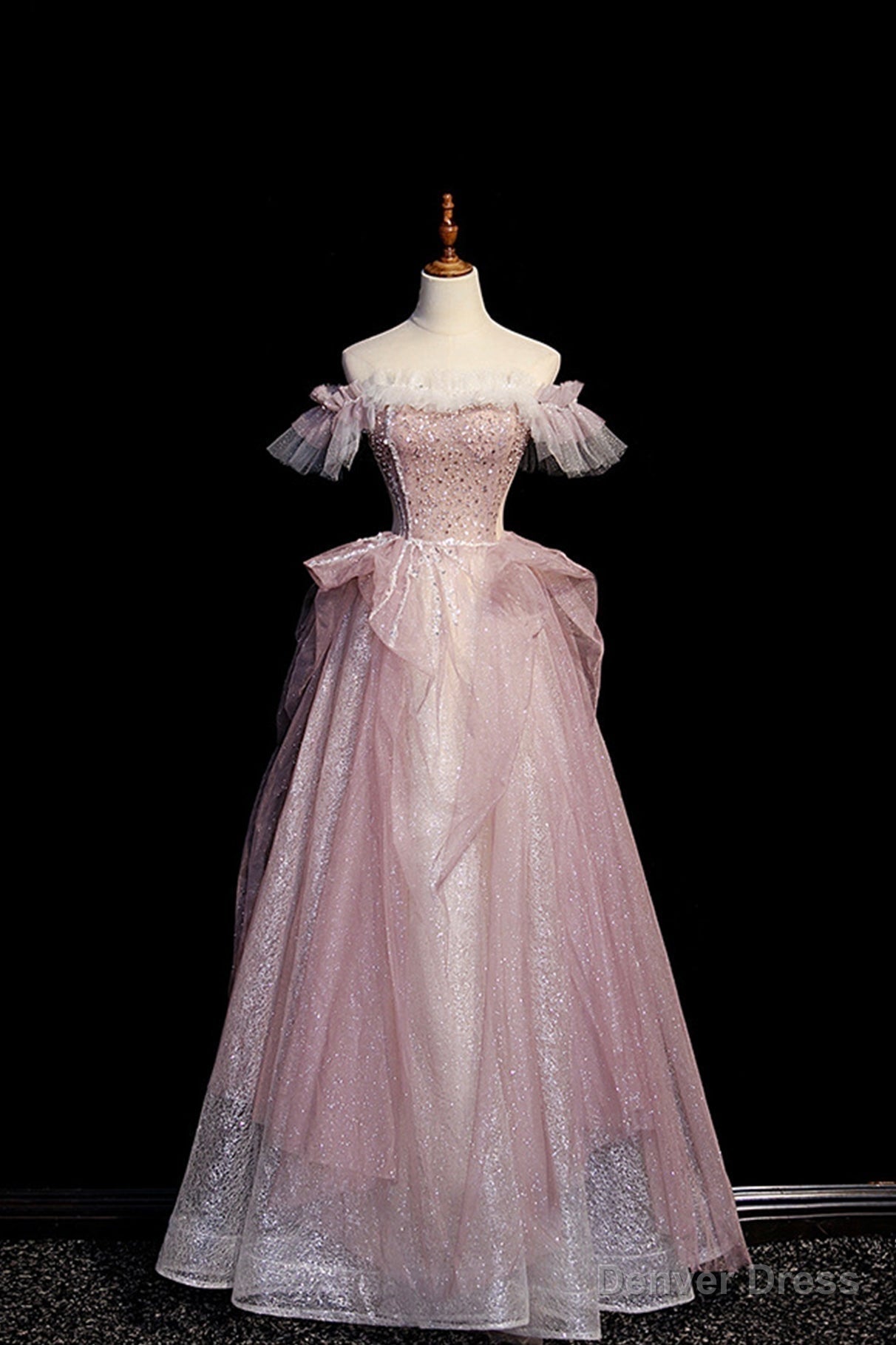 Pink Sequins Long A Line Prom Dress, Off the Shoulder Prom Dresses