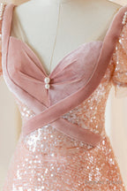Pink Sequins Long Prom Dress, A Line Short Sleeve Prom Dresses
