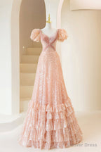 Pink Sequins Long Prom Dress, A Line Short Sleeve Prom Dresses