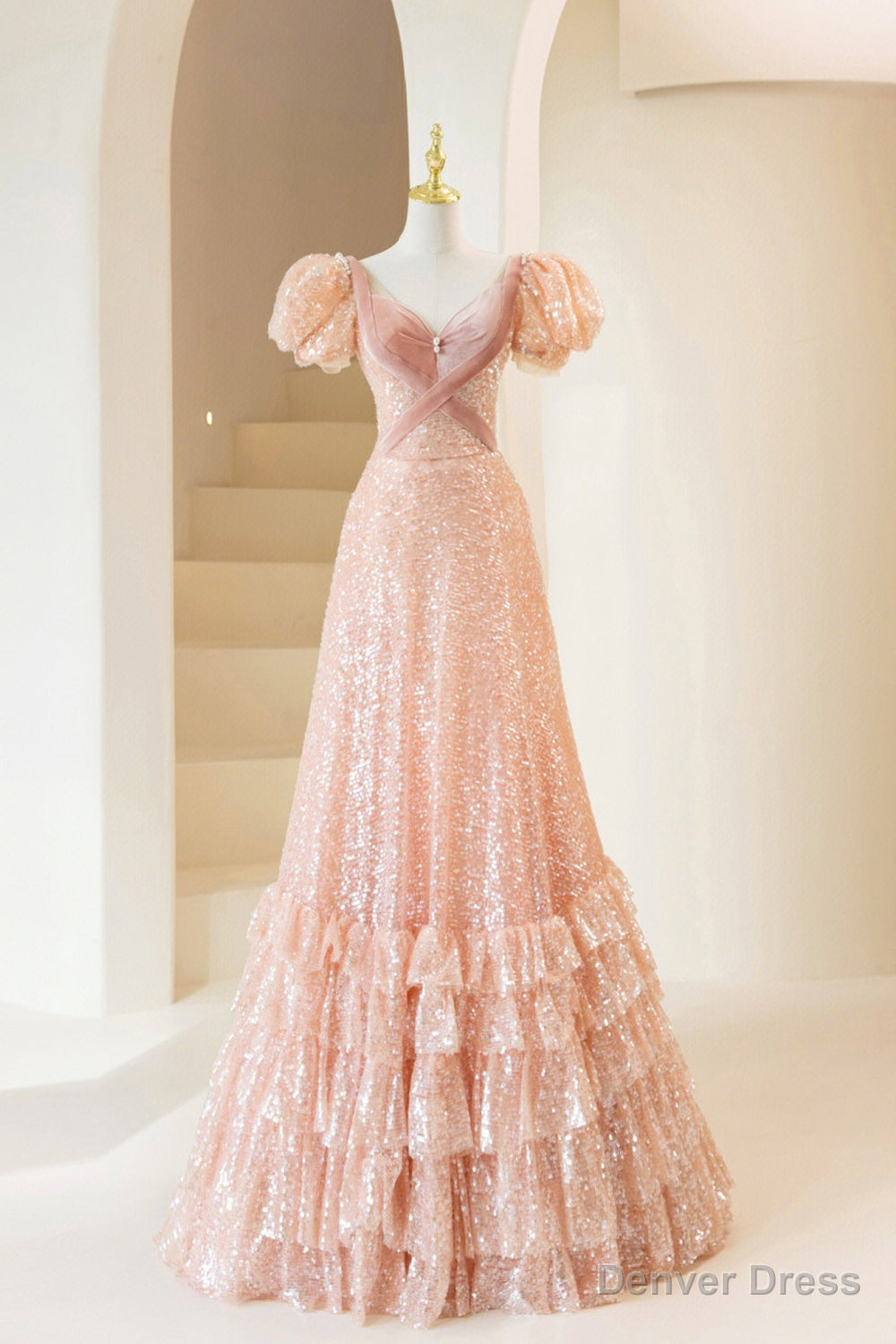 Pink Sequins Long Prom Dress, A Line Short Sleeve Prom Dresses