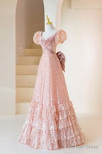 Pink Sequins Long Prom Dress, A Line Short Sleeve Prom Dresses