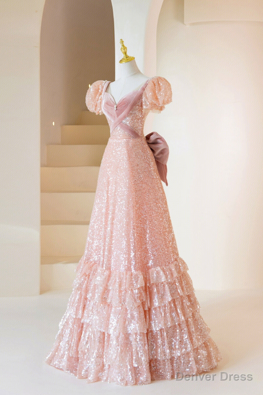 Pink Sequins Long Prom Dress, A Line Short Sleeve Prom Dresses